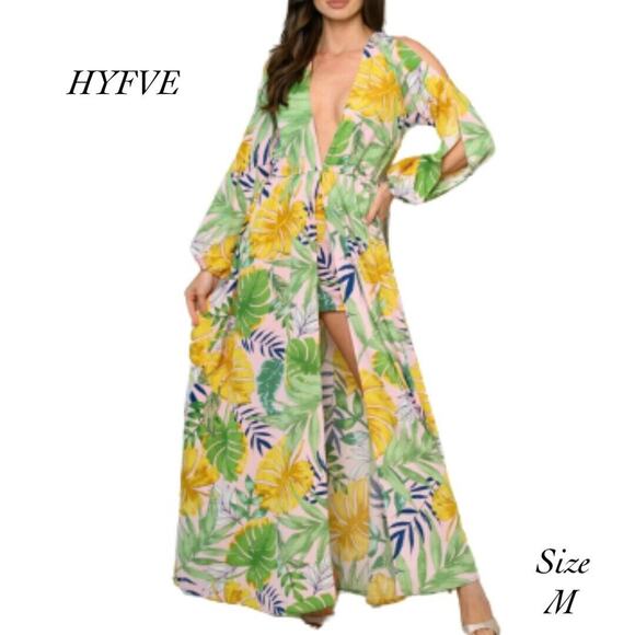 HYFVE Pants - HYFVE Pink Green Tropical Long Sleeve Attached Romper Maxi Dress NIB Size M